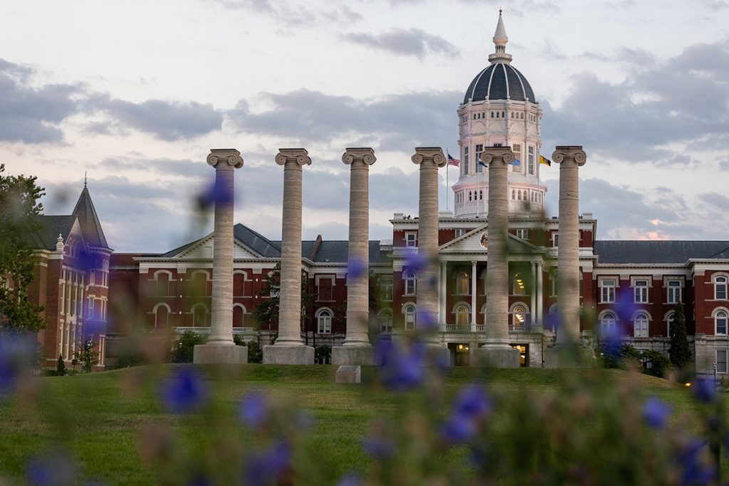 A picture of the Columns at Mizzou with Jesse Hall in the background.