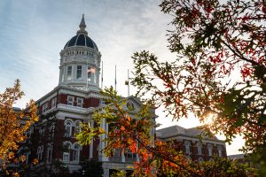 Jesse Hall on a sunny day with fall leaves in the foreground.